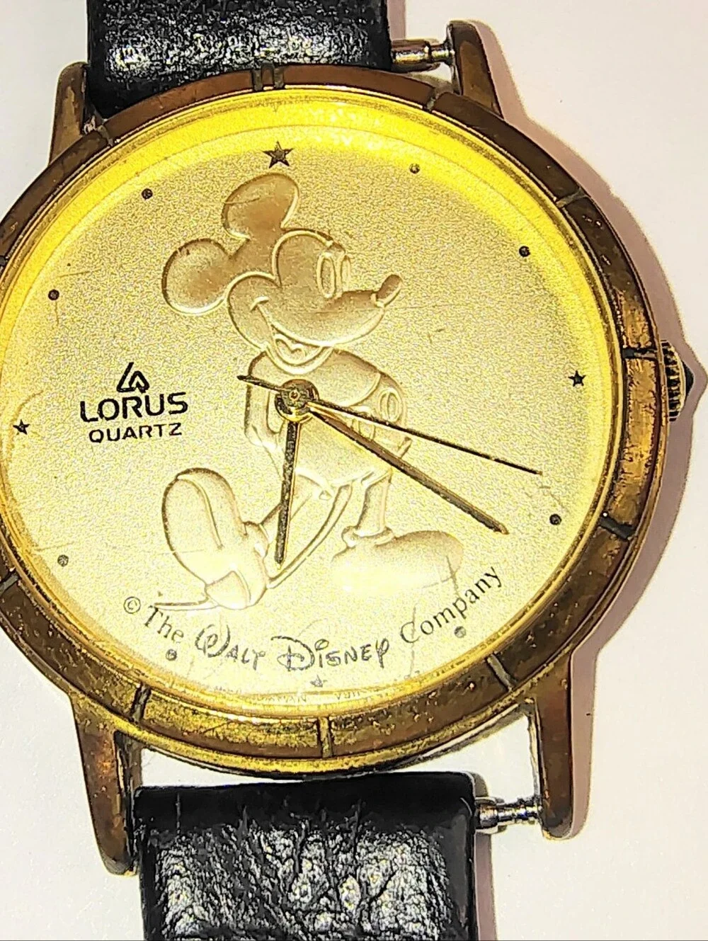 Vintage Disney Mickey Mouse Lorus Quartz Watch Black Braided Leather‎ Band Gold